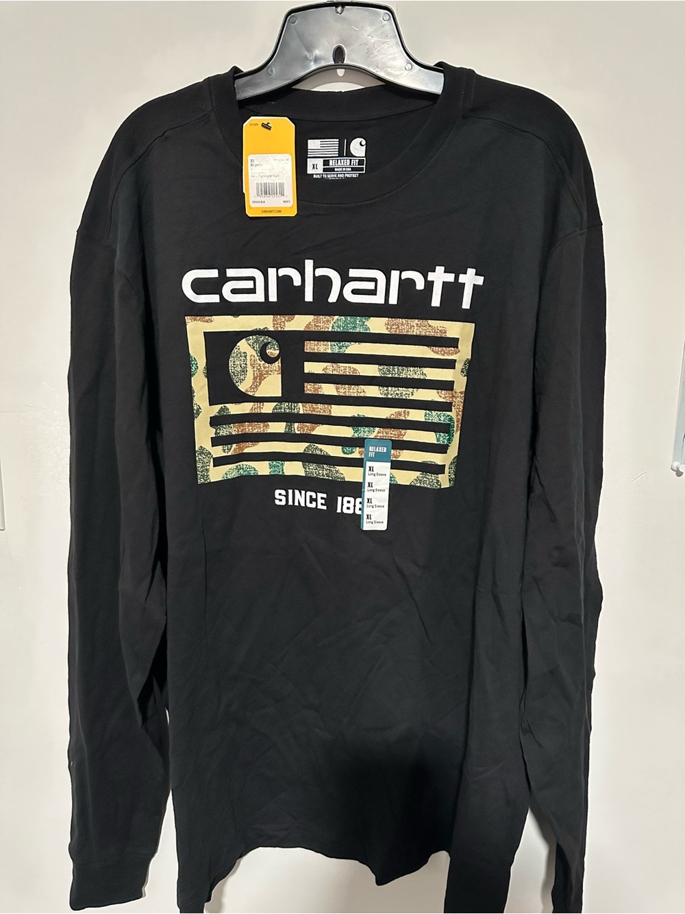 Carhartt Black Long-Sleeve Tee with Camo Flag Graphic